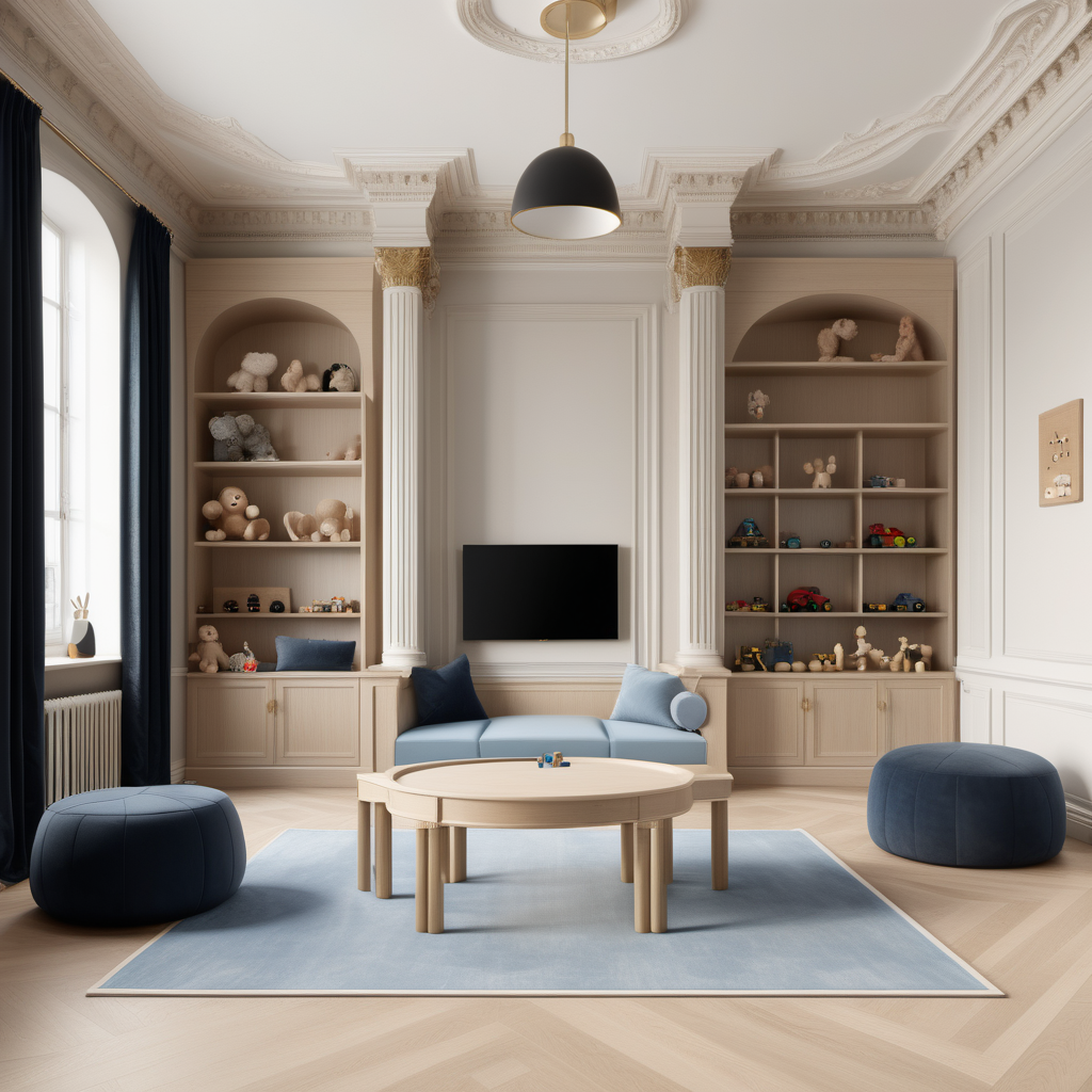 A hyperrealistic image of a palatial modern Parisian Montessori-inspired play room in a beige oak brass colour palette with accents of black and soft muted blue
