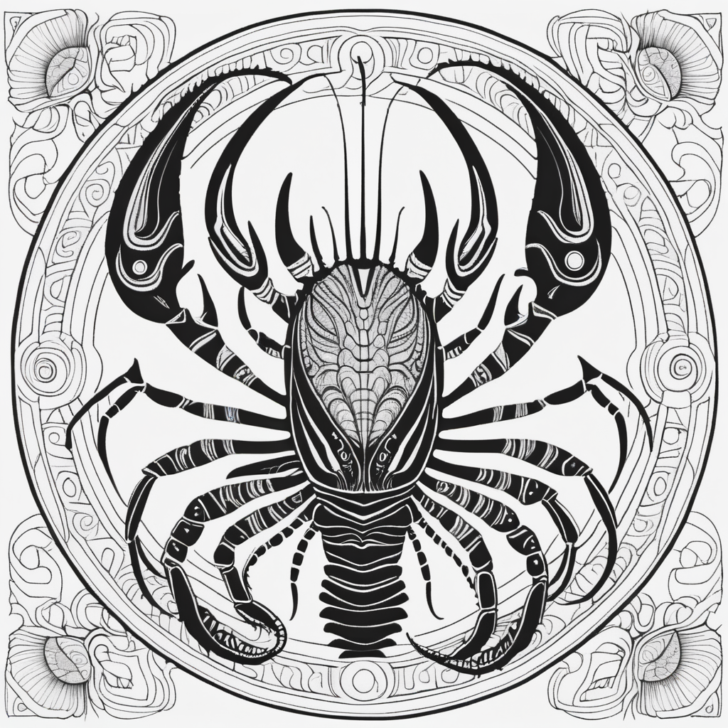 adult coloring book, black & white, clear lines, detailed, symmetrical mandala, alien lobster monster