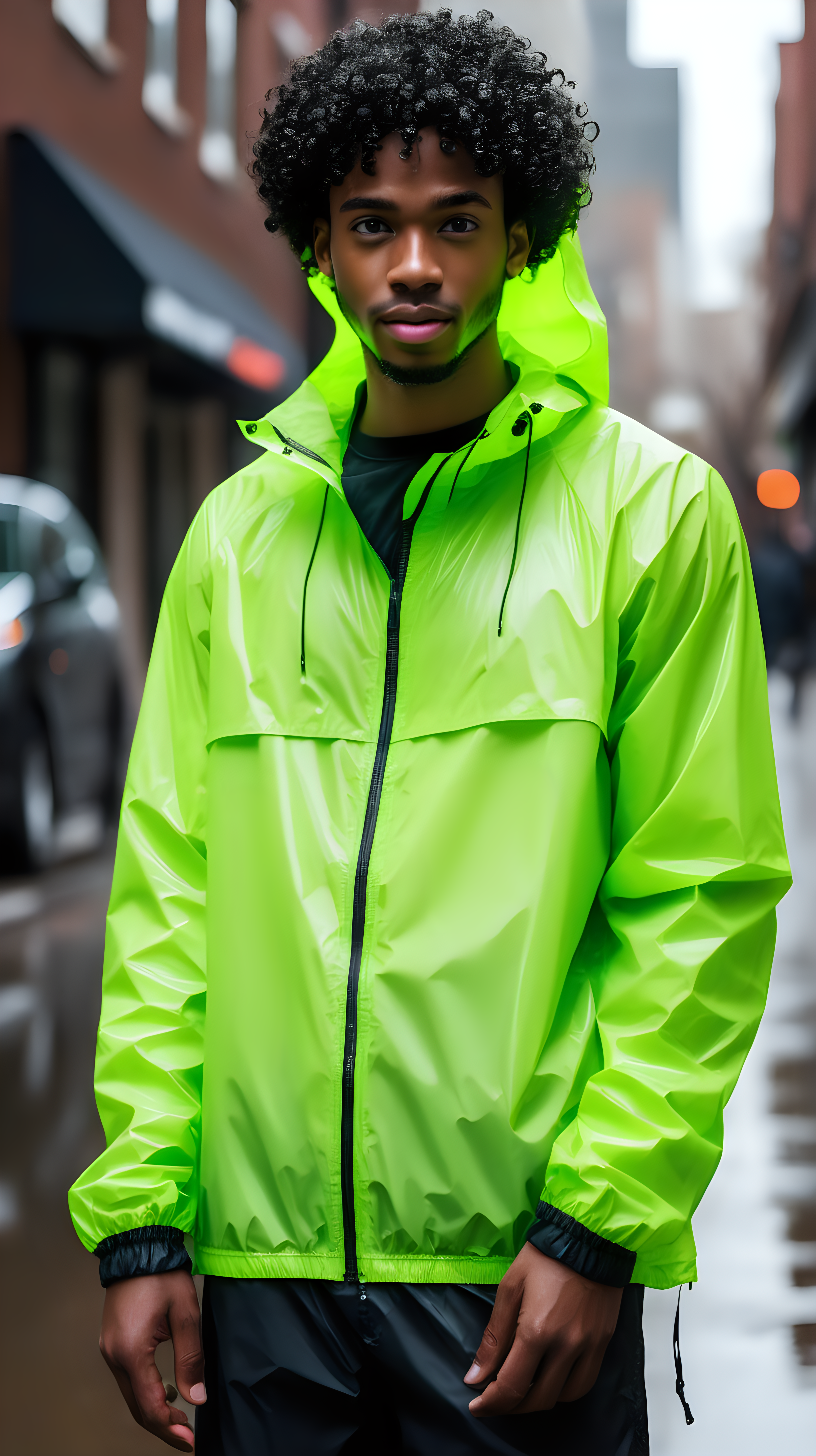 An attractive young black man, wearing black, curly, short hair, wearing a neon green, nylon, waist length rain jacket,