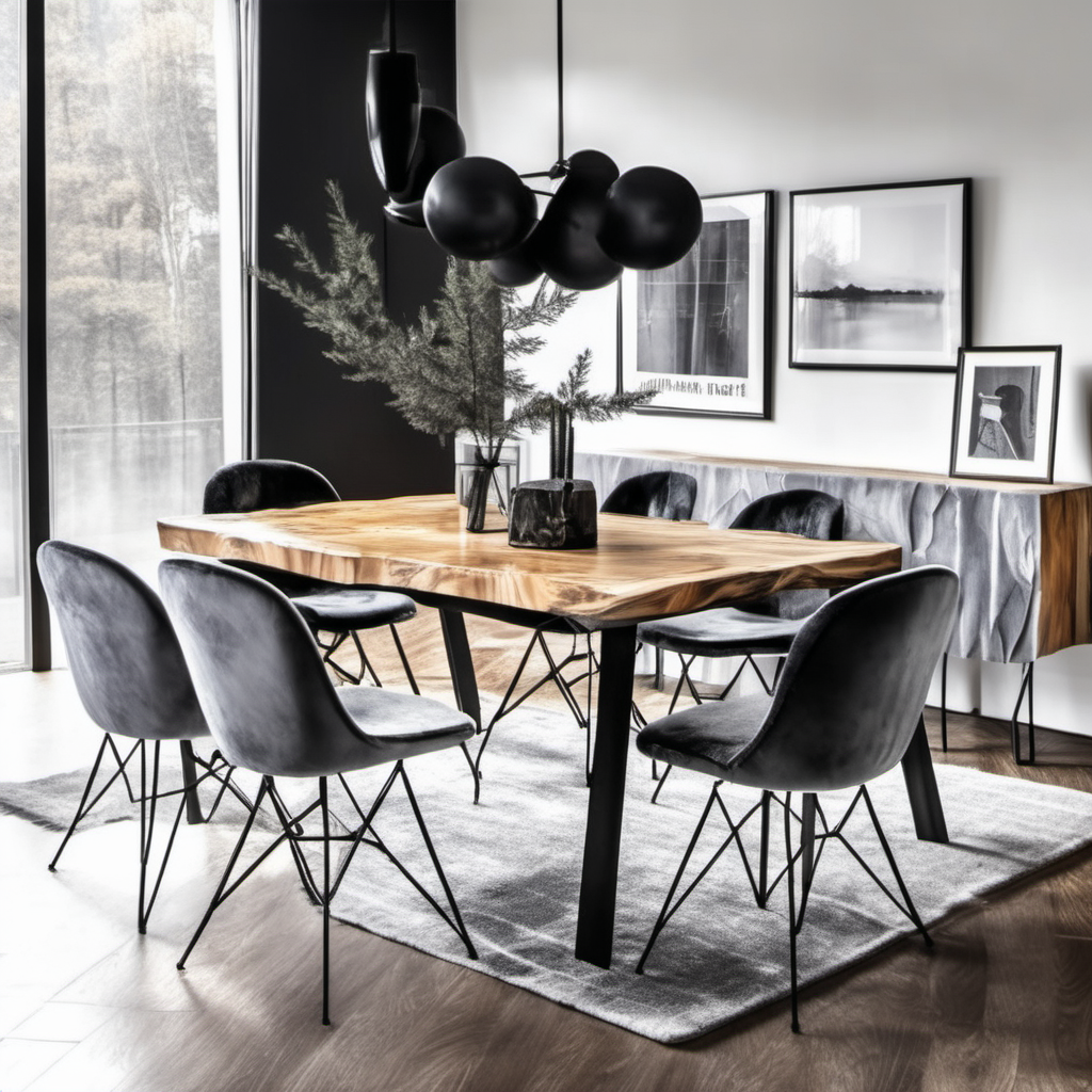 one cozy Interior with table wood with resin which metal black legs, make a gray velvet six chair by the table