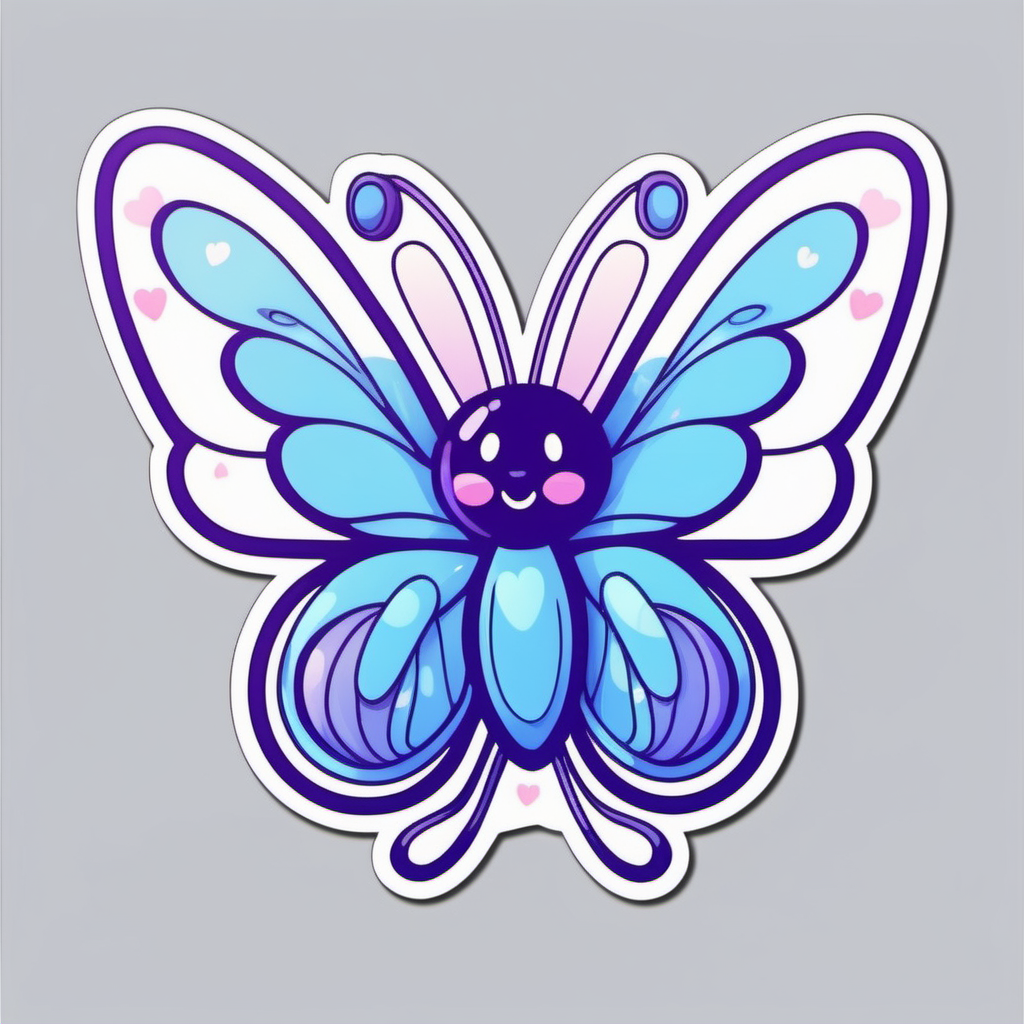  Sticker, Cute valentine blue and purple Butterfly with Heart-shaped Wings, kawaii, contour, vector, white 
background

