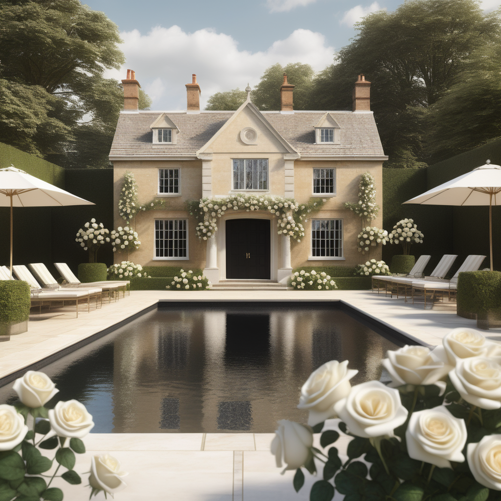 hyperrealistic image of an English country estate home pool; cabana with rambling white roses; beige, ivory and black;

