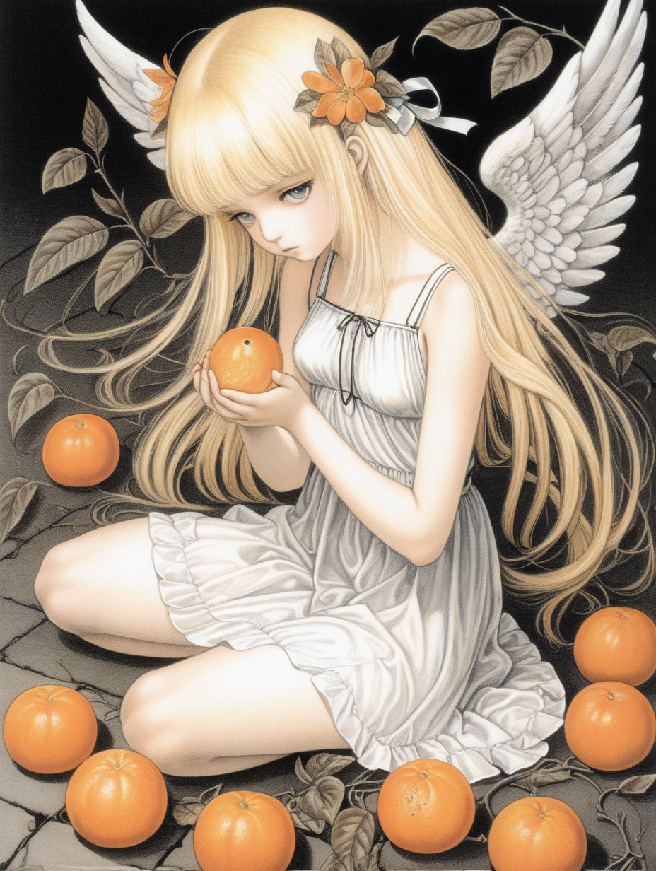 Chica angel con alas dibujada al estilo de Range Murata sentada en el suelo sosteniendo una mandarina con las dos manos. Tiene un vestido blanco corto con tirantes simple, el pelo largo rubio y los ojos negros. A su lado crecen rosas marchitas. La ilustracion es del estilo de Yoshitaka Amano.  La luz es tetrica. esta hecho en perspectiva aerea.