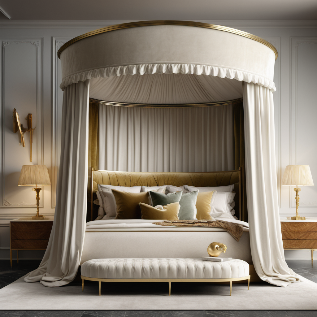 a hyperrealistic image of a velvet modern Parisian  king bed with canopy in ivory, oak and brass 
