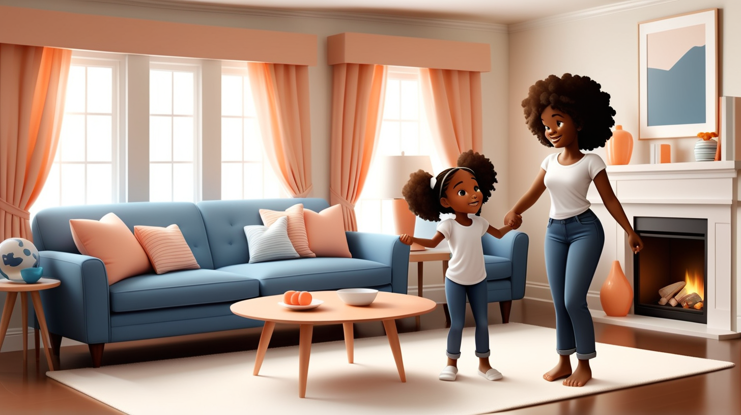 same setting, layout, characters, and clothing across each image generation: 

vector art. 3d. natural, realistic looking.

 5-year-old, african-american girl, mahkai, holding-hands with her mom, talking to her. They are both wearing jeans and white t-shirts.

on the sofa, in a whole, complete-living-room-scene, showing tables, chairs, fireplace, stairs, windows, curtains, sofa. 

keep the living-room image consistent across all generations: same living-room layout; same furniture placement and colors; same blue sofa; same peach colored curtains; same round wooded table; same white lamps; same white rug; same white fireplace.
children's-book illustration