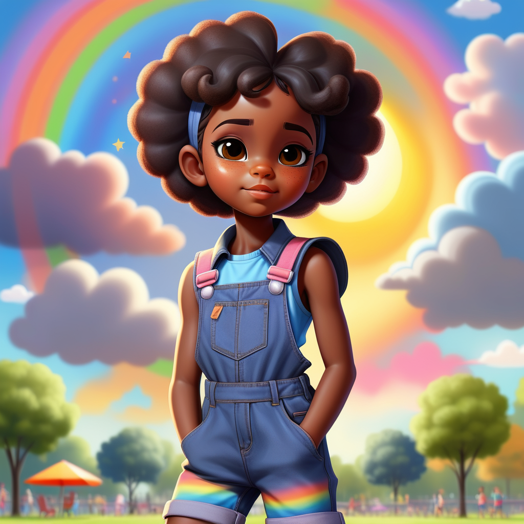 a black little girl with short afrobrown hair with a denim sleeveless jumpsuit and a blue t-shirt under  breastplate in a very colorful park with colorful clouds facing the sun