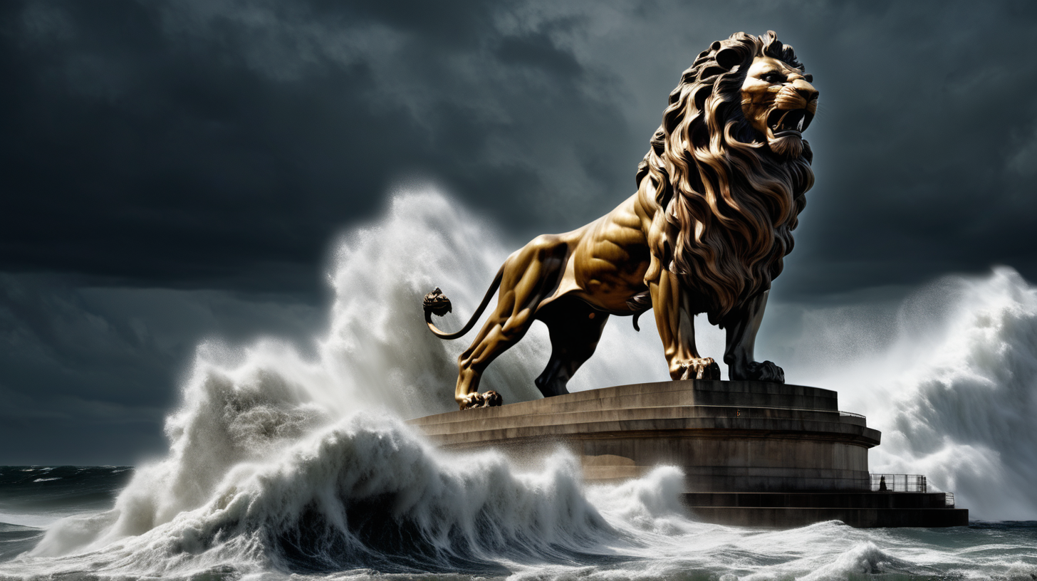 La statue du lion de Belfort au milieu de l'océan dechainé