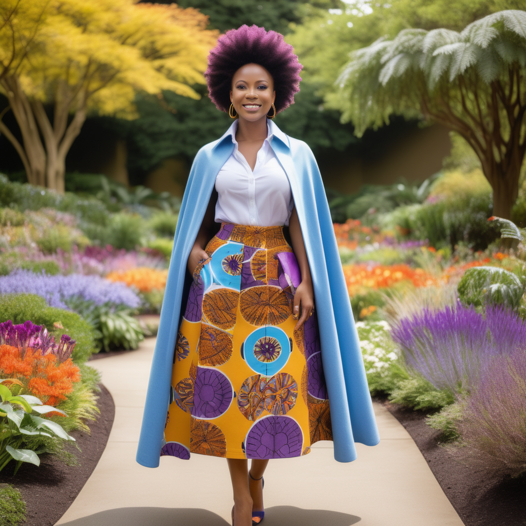 Attractive African woman, wearing bald hair, wearing an African print Skirt, wearing a Powder blue Wool, waist length, swing cape, with African print material in various areas of the garment, wearing a purple, knit dress shirt, wearing cream colored denim with African print material  inside the pockets,  Vibrant images that represent African heritage, In a lush colorful botanical garden, looking to the left, 4k, high definition, high resolution, sunny day light source from above center