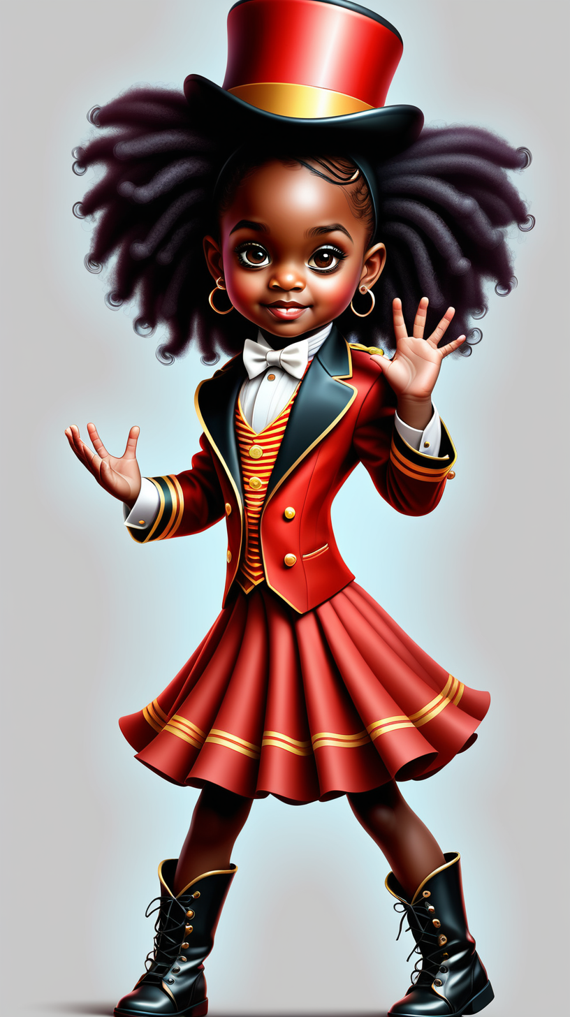 vector art, illustration, realistic-looking, vibrant, colorful, 5-year-old, bkack-girl, ring-master, full-body,