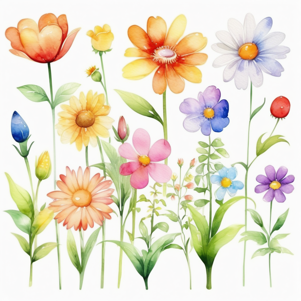 bílé pozadí_vytvoř realistickou ilustraci_která je určena pro děti Květiny: Různé druhy květin začínají kvést a zahrady se plní barvami._ akvarelové barvy
