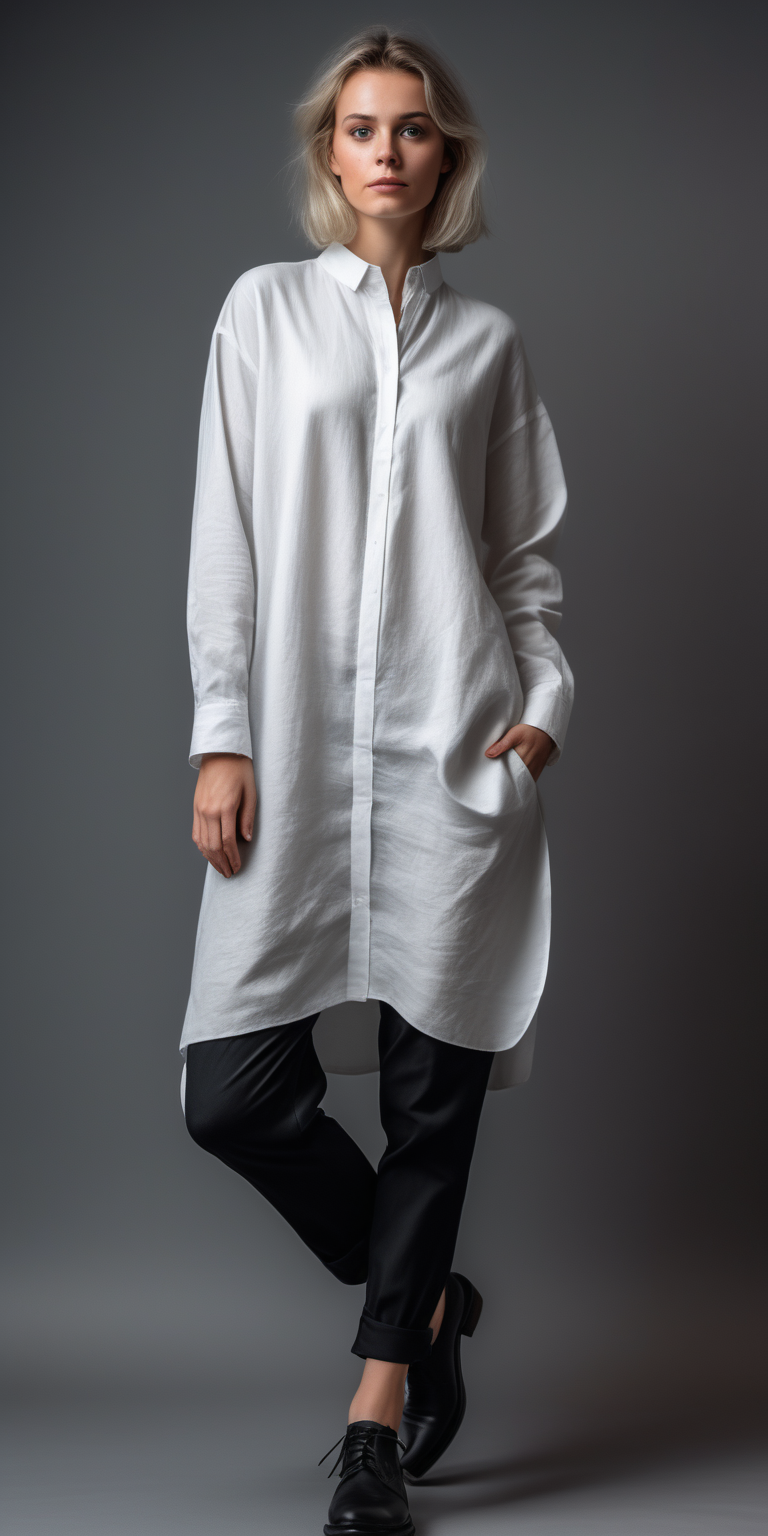 Woman wearing white long-sleeved tunic,shirt collar, black loose canvas trousers, black sneakers, straight front stance ,uniform design,  full body, art,  35mm photography, modern fashion, gray backround, 