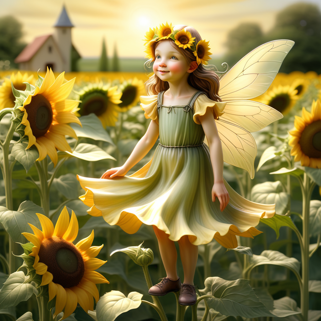Create a fairy standing tall among sunflowers radiating