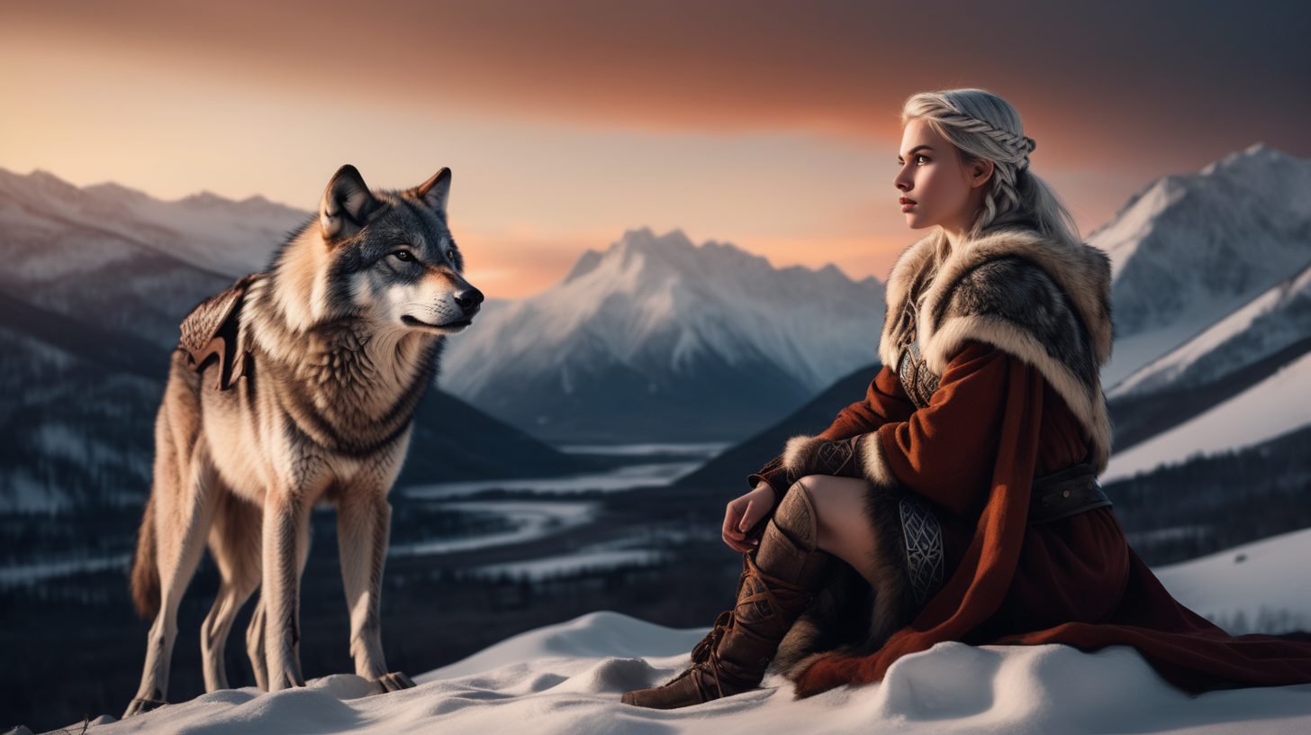 the photo is taken in snowy landscape with mountains in the distance sunset. one beauty girl is standing, a wolf is sitting on her side She is looking to the mountains. The girl is wearing viking indumentary, without weapons, white straight hair. The lighting in the portrait should be dramatic. Sharp focus. A ultrarealistic perfect example of cinematic shot. Use muted colors to add to the scene.