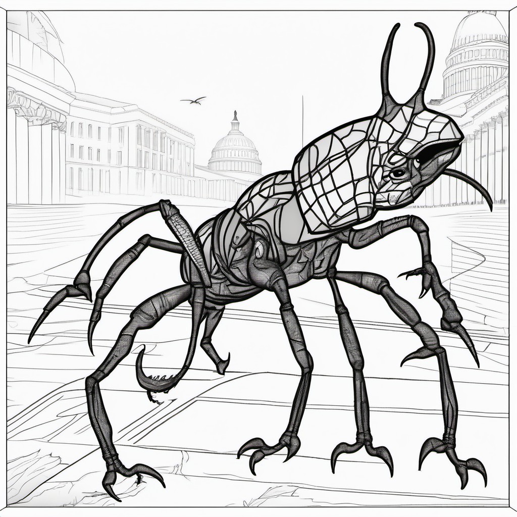 dinosaur ant, in Washington D.C., dark lines, no shading, coloring pages