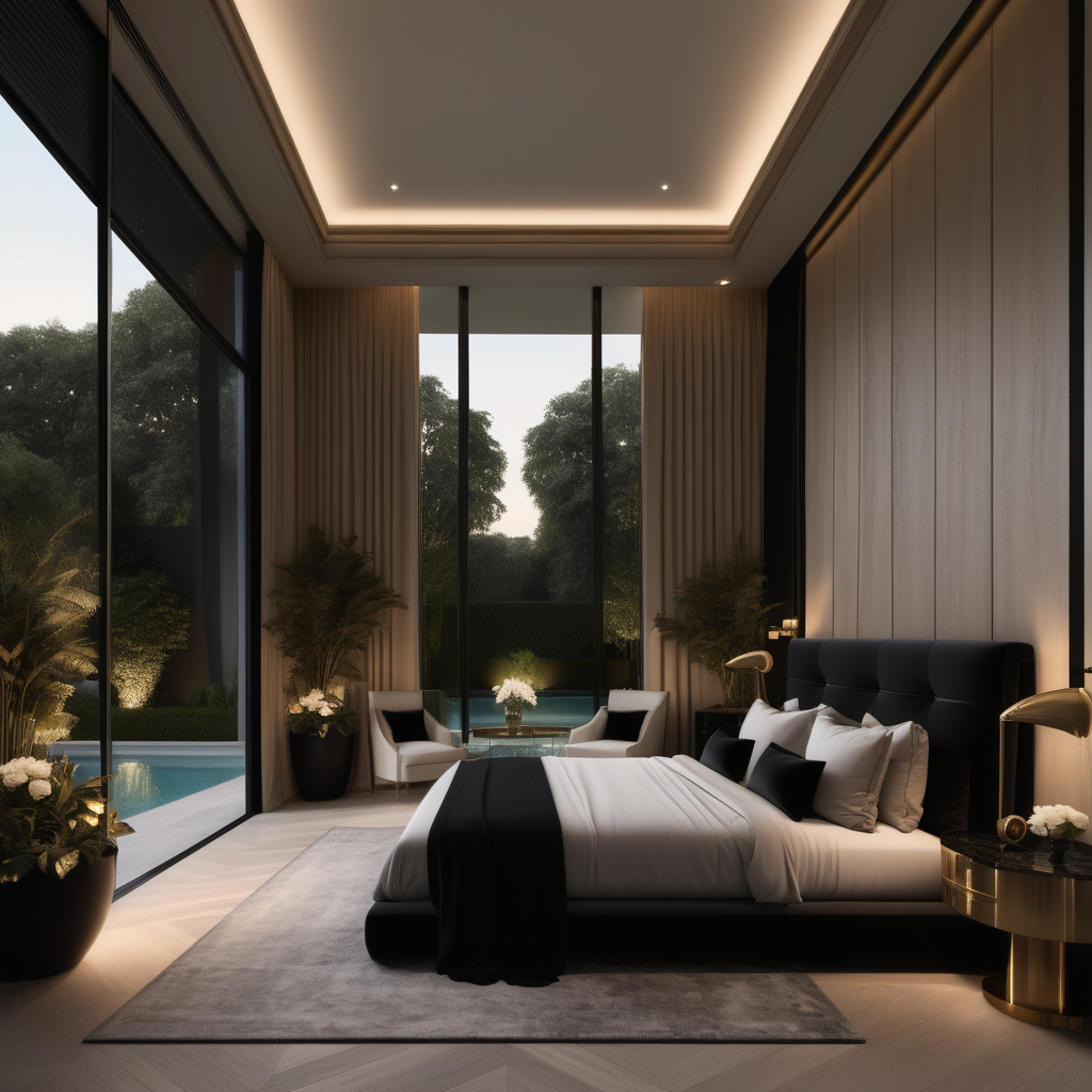 a hyperrealistic of an elegant Modern Parisian estate home master bedroom with mood lighting, with floor to ceiling windows overlooking the pool and lush gardens, in a beige oak brass and black colour palette 
