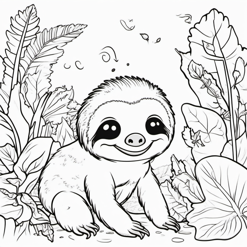 Generate two delightful illustrations for a children's coloring book featuring a cute sloth and an Axolotl. For the sloth, create a full-color version showcasing its endearing features and a second version with only the black outline, leaving room for coloring. Include an Axolotl in a separate full-color illustration, with a background of lush leaves, adding a touch of nature to the scene. Ensure both illustrations are charming and suitable for a coloring book aimed at kids.