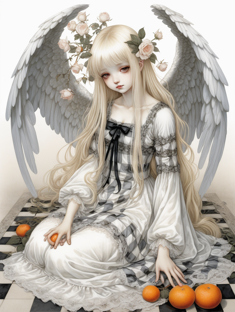 Chica angel sentada en el suelo con una mandarina. Tiene un vestido blanco con encaje, el pelo largo rubio y los ojos negros. Tiene mangas con estampado de cuadros artisticos rococo. A su lado crecen rosas marchitas. La ilustracion es del estilo de Yoshitaka Amano