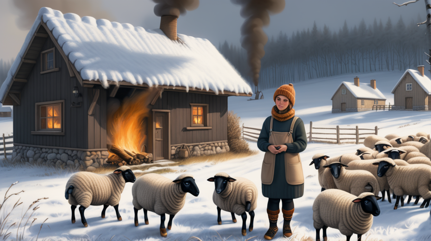 A young peasant woman wearing  a super thick knitted woolen sweater, a knitted hat, thick woolen leggings, high knitted woolen socks,black rubber galoshes. He digs in the fields and clears the snow. Around her there are animals - sheep. Near is the wooden house in front of which a bon fire is burning. Everything is covered in snow. I'ts night.
