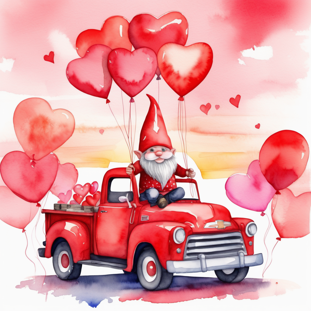 /envision prompt: A watercolor image of, a valentine-themed gnome . The gnome is seen sitting in a red vintage chevy truck surrounded by red heart balloons. The lighting is natural daylight towards sunset. --v 5 --stylize 1000