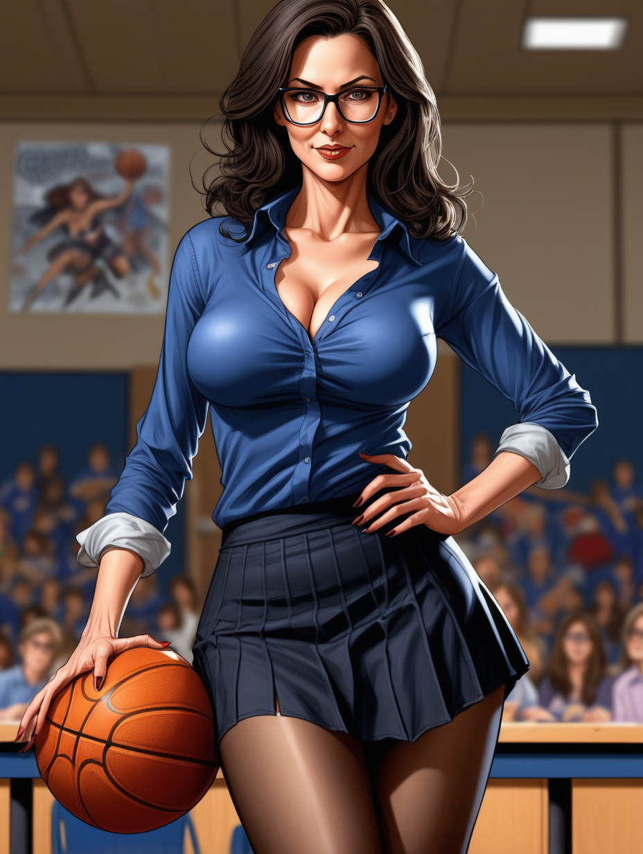 Beautiful, mature, brunette woman, teacher, glasses, ripped [Dark blue]shirt, breasts exposed, seductive [Detailed comic book art style] flowy black skirt, pantyhose,  thighs spread, basketball game