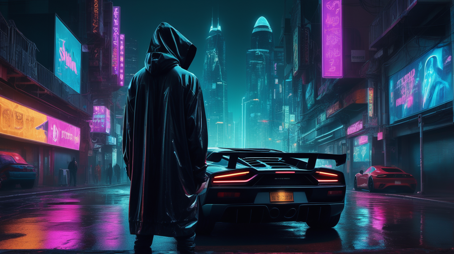 "A hyper-realistic photograph captures a moody, cyberpunk cityscape under a veil of night. The focal point is a hooded solitary figure standing next to a gleaming sports car, its surfaces reflecting the neon cacophony of 'SHIB' and 'Shibarium' signs, these signs are a focal point. The figure, enigmatic and faceless, is draped in a contemporary hooded garment, a stark silhouette against the backdrop of vibrant city life. Wet streets glisten, mirroring the myriad neon lights and holographic displays that climb the sides of futuristic buildings. The photograph tells a story of solitude amidst the urban sprawl, the palpable tension between the anonymity of the hooded figure and the conspicuous opulence of the surrounding technopolis  --ar 16:9 --v 5 --q 2 --stylize 100."

It must include "SHIB" in the billboard and car