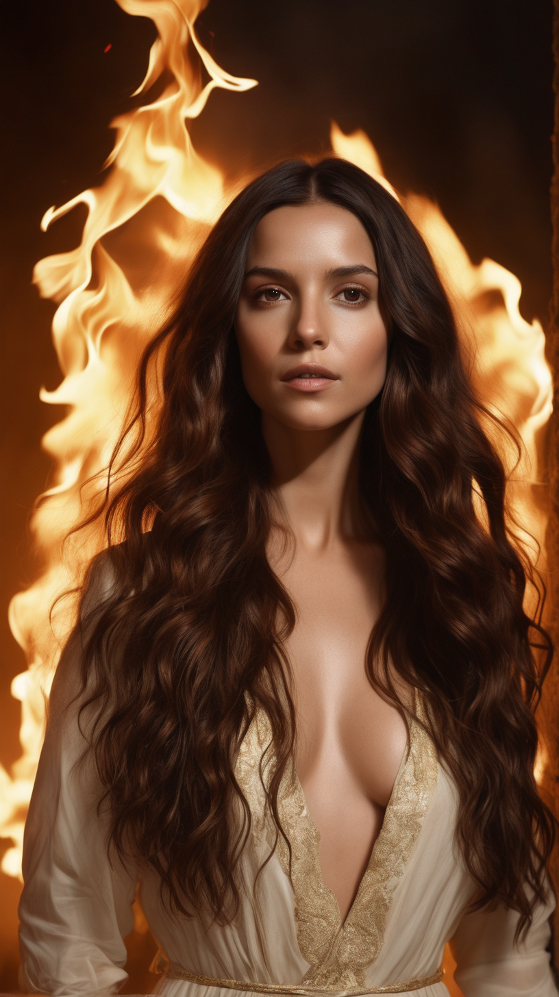 Actress Alba Baptista with long, wavy brunette hair surrounded by fire