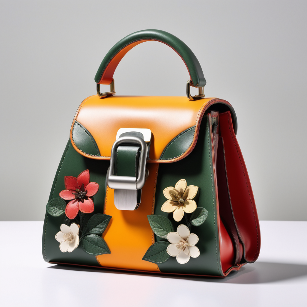 Botanical inspired luxury small leather bag - one handle - innovative shape - metal buckle - frontal view - contrast colors 