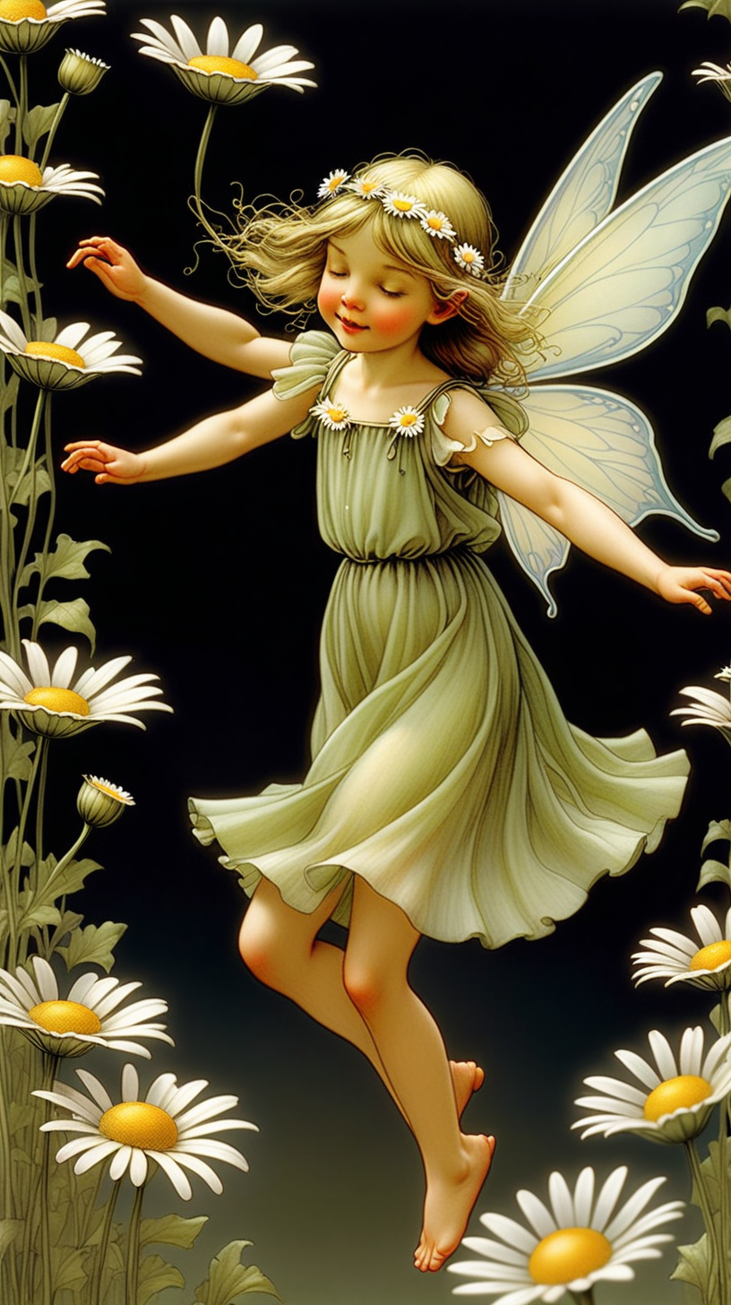  Imagine a fairy gracefully dancing amidst daisy chains, each petal reflecting the fairy's movement, mirroring the grace and elegance characteristic of Cicely Mary Barker.