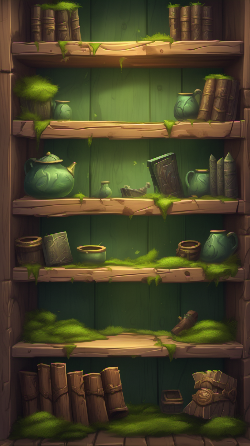 Digital art in the style of hearthstone cards art. UI asset of a tall shelf made out of wood and moss with empty shelves. Add details around the shelf --v 5.3