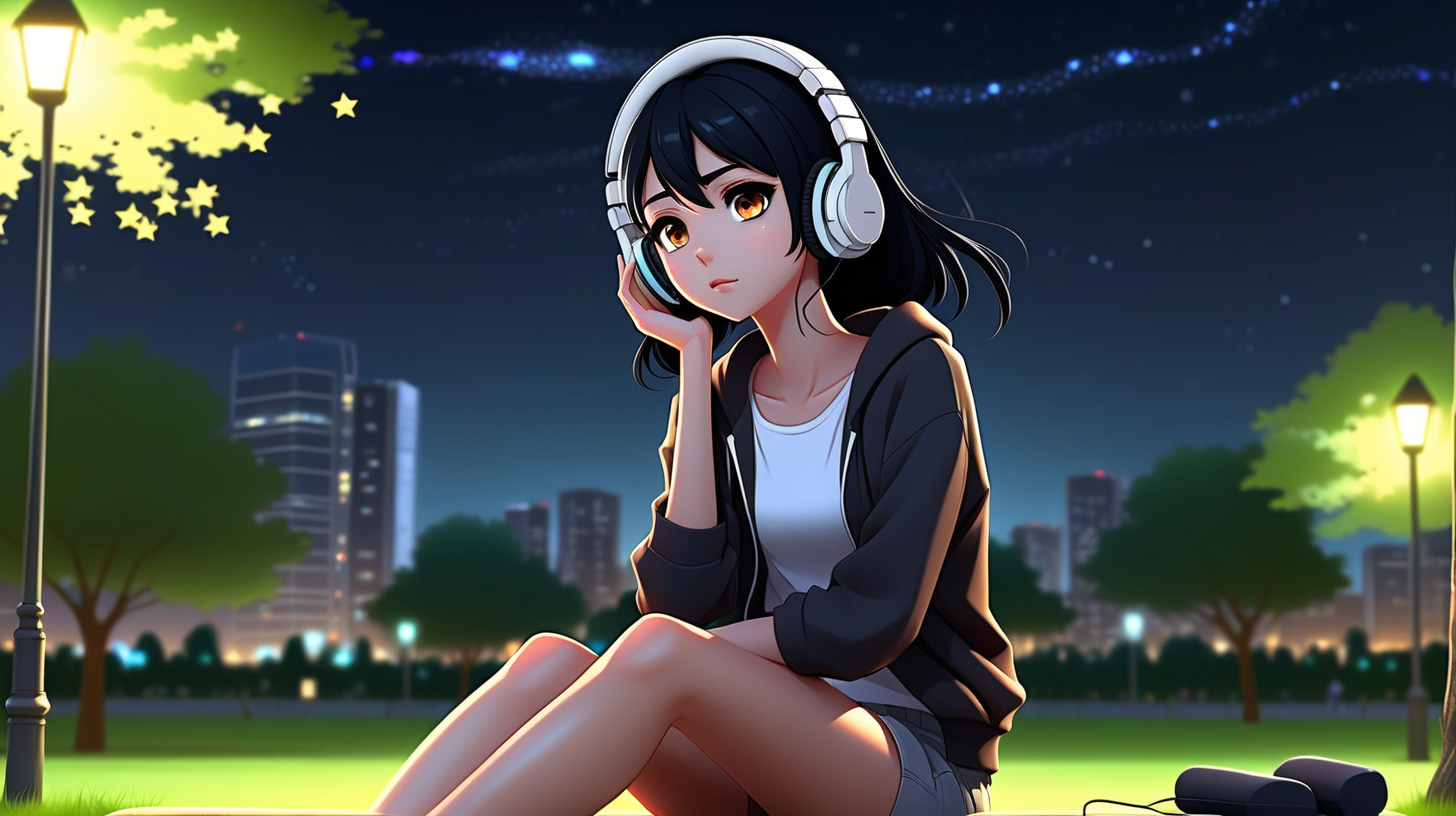 Late one night, young anime women is sitting relaxed in the park, using a headset,, black hair, modern clothes, background with a beautiful night sky with lots of stars, simple full color, high quality, lively eyes, dark, gloomy, dark color, natural eyes, hd, hyper realistic,