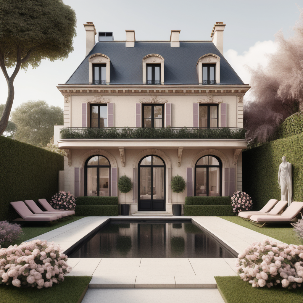 A hyperrealistic image of a modern Parisian  guest house viewed from the outside in a beige oak brass colour palette with accents of black and dusty rose, with an adjoined veranda covered in star jasmine, and beautiful garden beds and sprawling lawns around it, a small pool in the front yard
