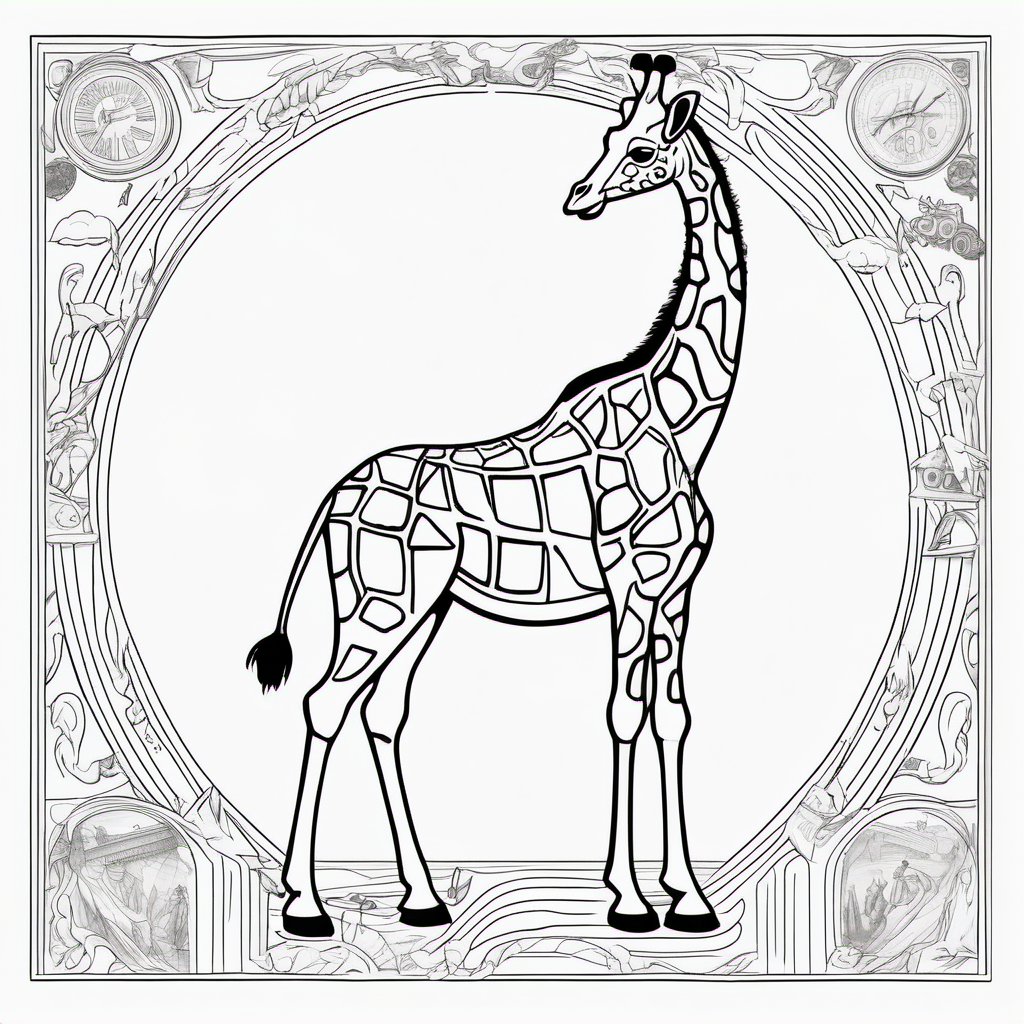 /imagine colouring page for kids, Giraffe Time Travelers, exploring different historical eras, thick lines, low details, no shading --ar 9:11