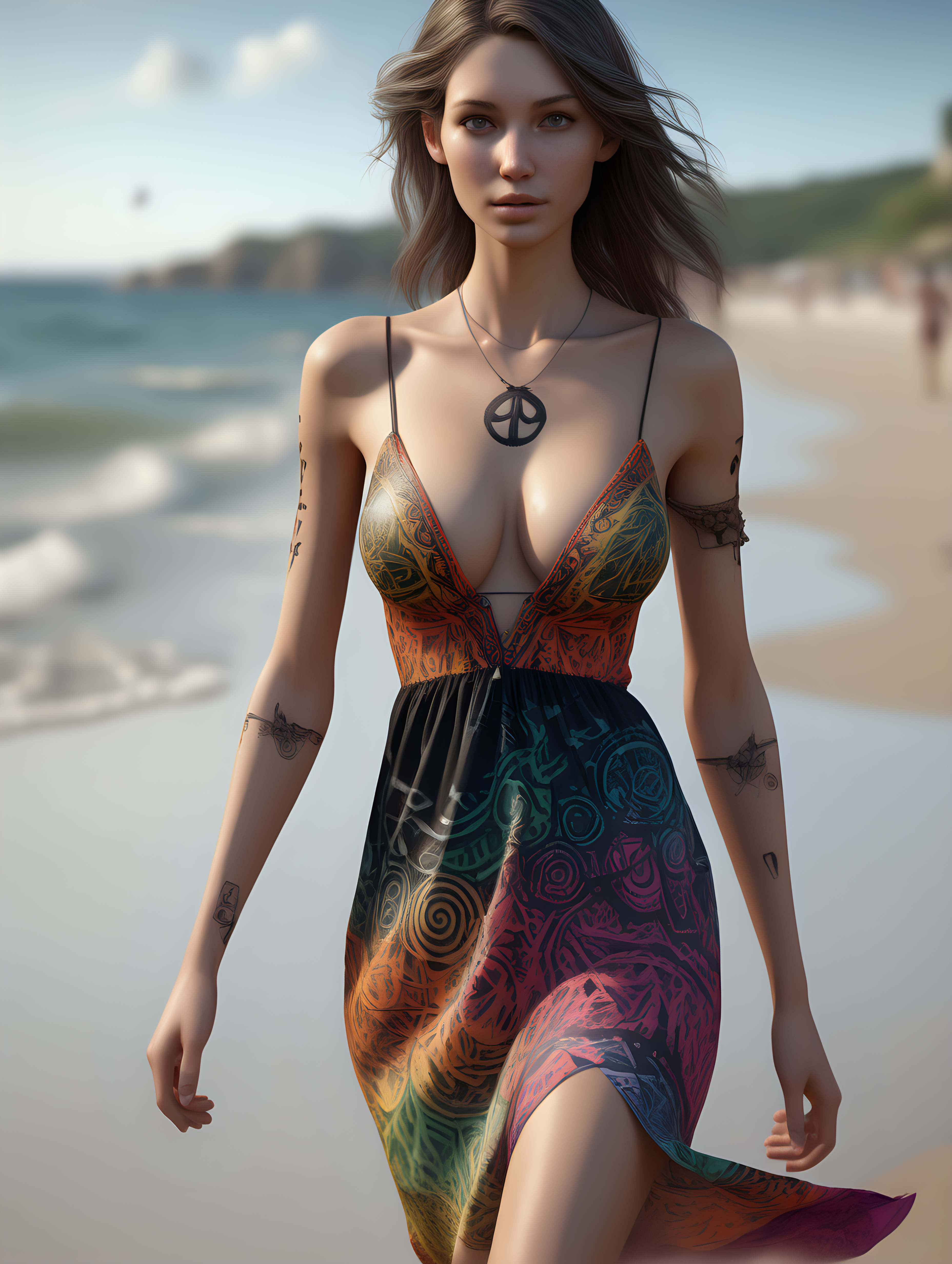 ultra-realistic high resolution and highly detailed photo of a slender female human with large firm breasts, she has black draconic symbols carved into her arms and body, wearing a colourful loose summer dress, walking on a beach facing the camera