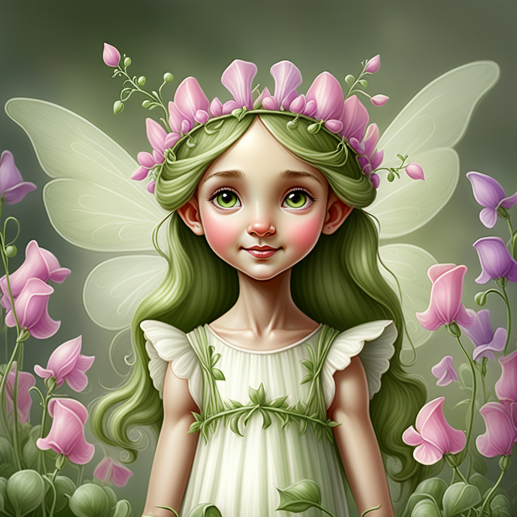  /envision prompt: "Sweet Pea Fairy Princess" - Imagine a fairy princess adorned with a crown of sweet peas in the style of Cicely Mary Barker, her wings delicately fluttering, on a clean white canvas, exuding grace and elegance.