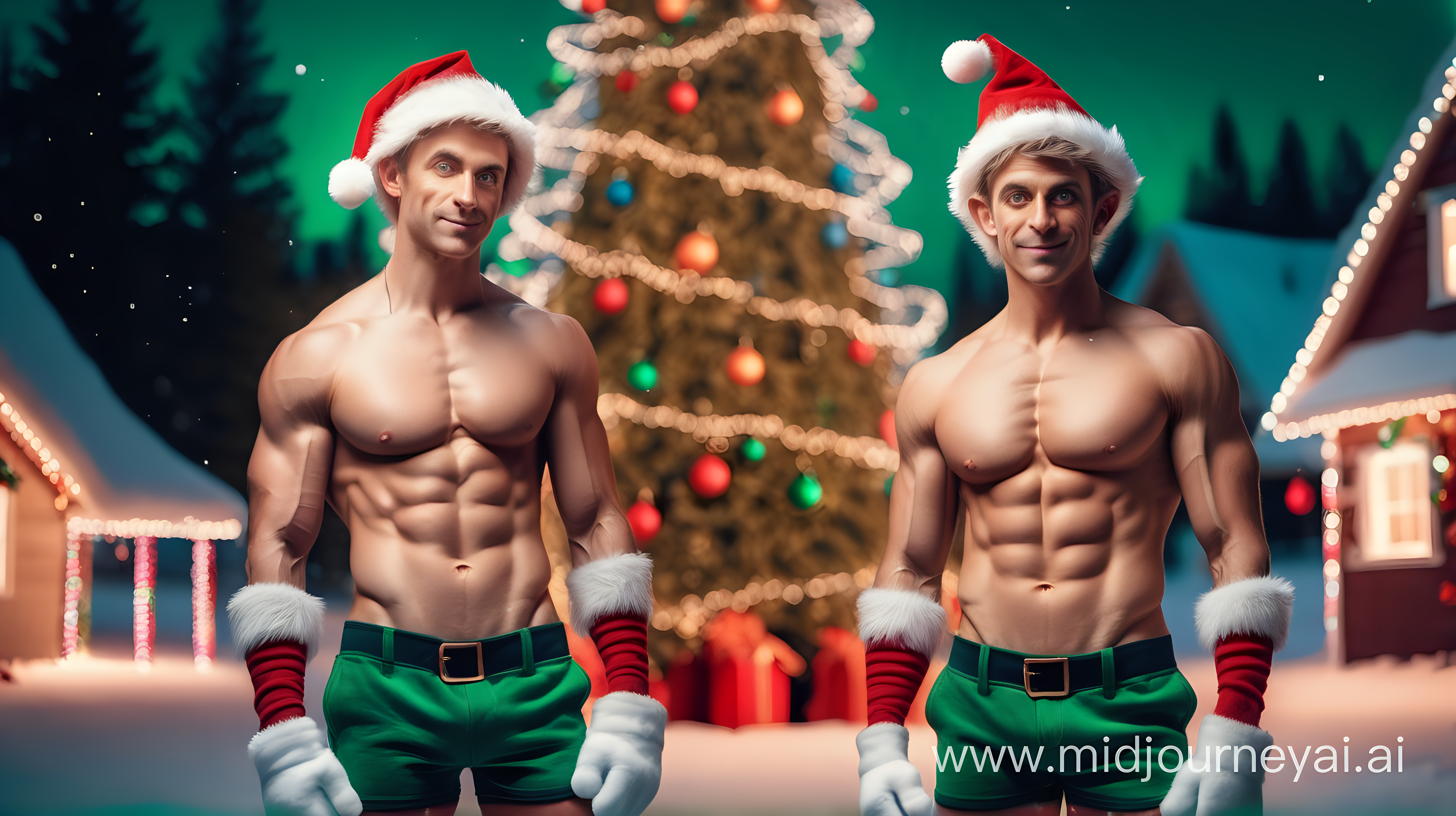 Photo of shirtless muscular male elves in front