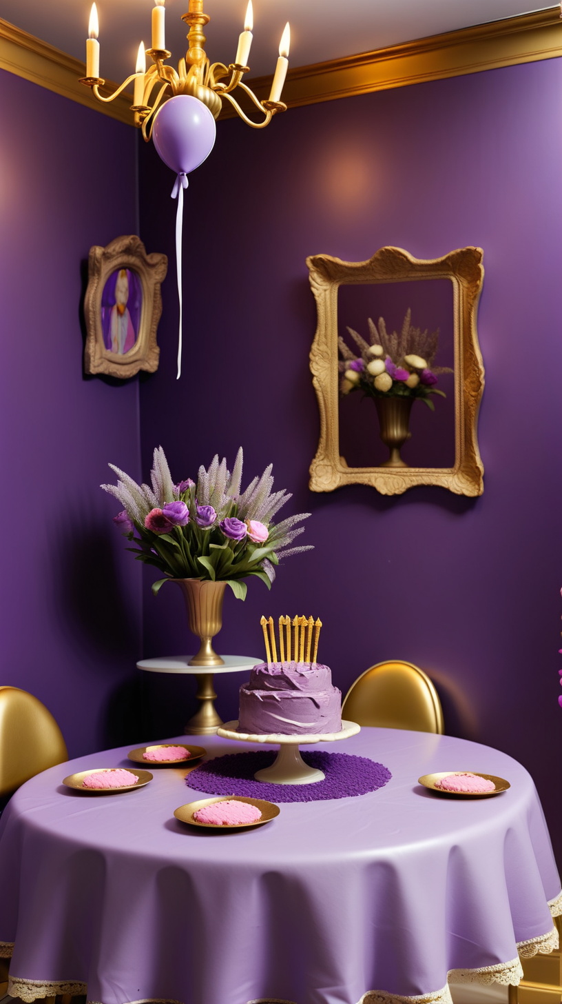 Inside a house with purple walls, there is a table with a flower tablecloth on it and a cake for a birthday party with ice cream behind the cake. On the table  eight golden chairs pushed in for a birthday party.