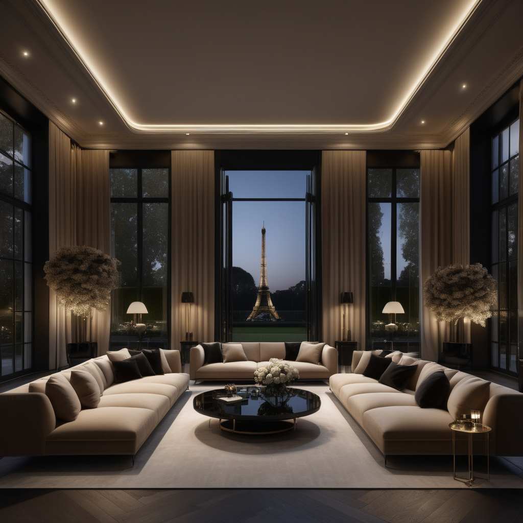 a hyperrealistic of a grand Modern Parisian estate home lounge room at night with mood lighting, floor to ceiling windows with a view of the manicured gardens , in a beige oak brass and black colour palette 
