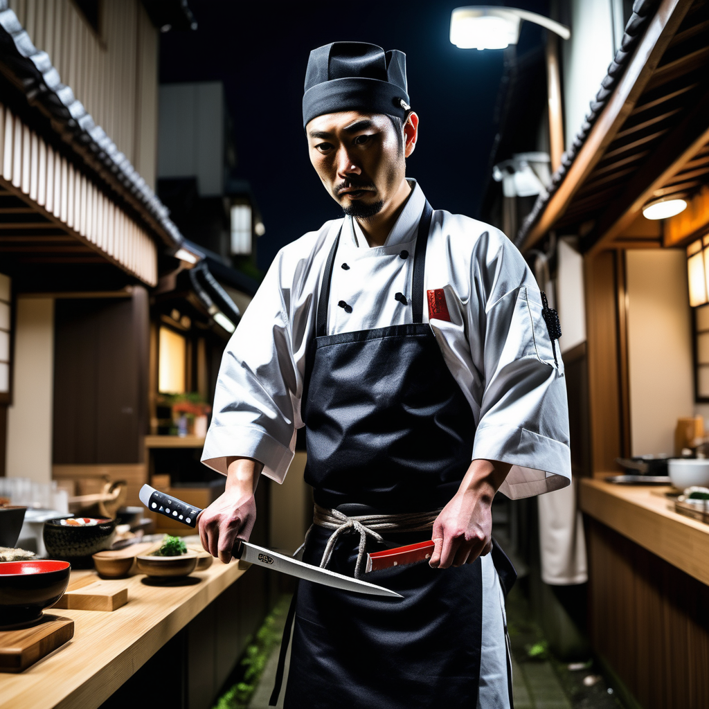 Japanese man, sushi chef clothes, many knives, cleaver, kitchen knives, throwing knives, Japan, street, night