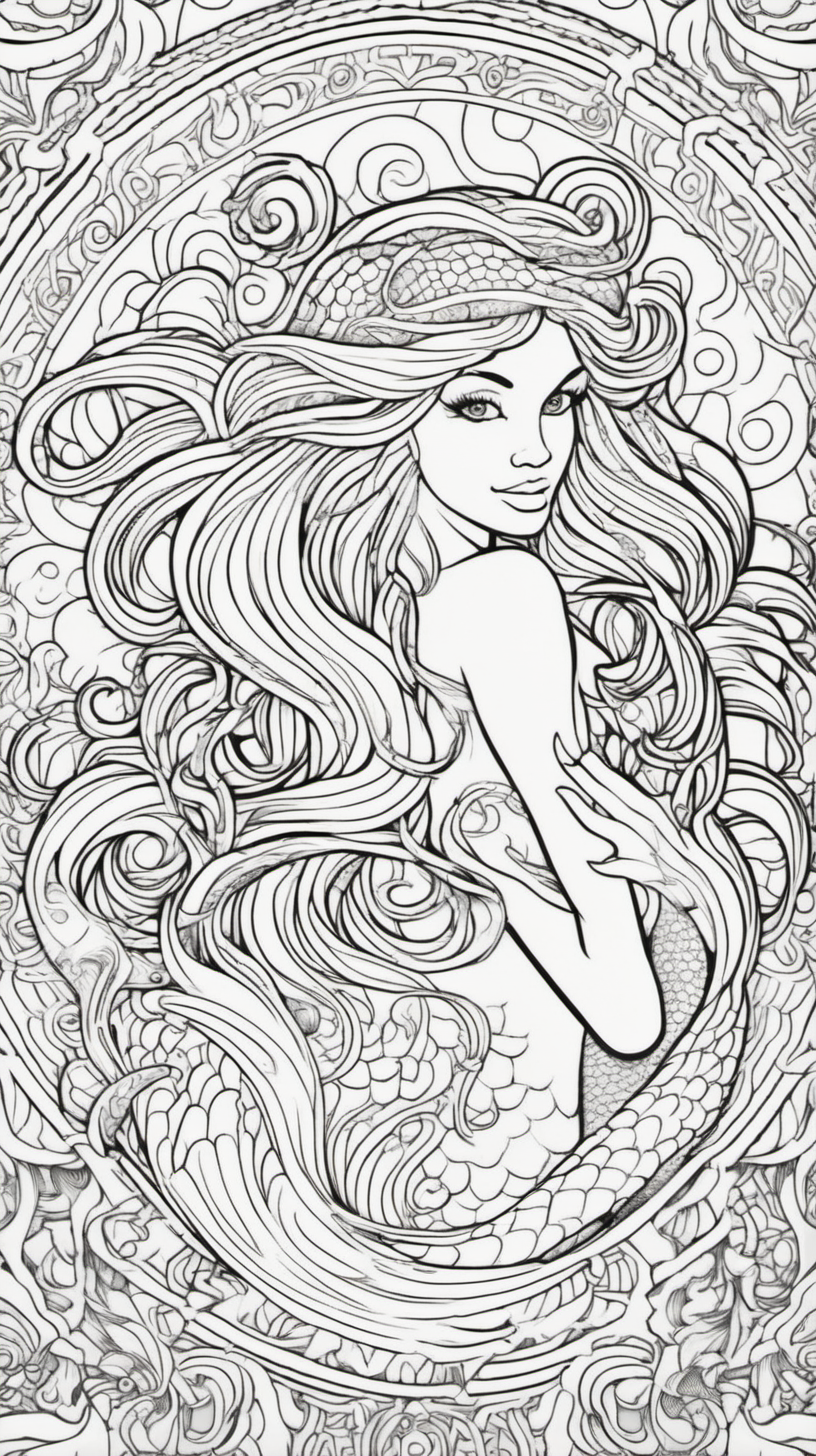 mythological mermaid, mandala background, coloring book page, clean line art, no color