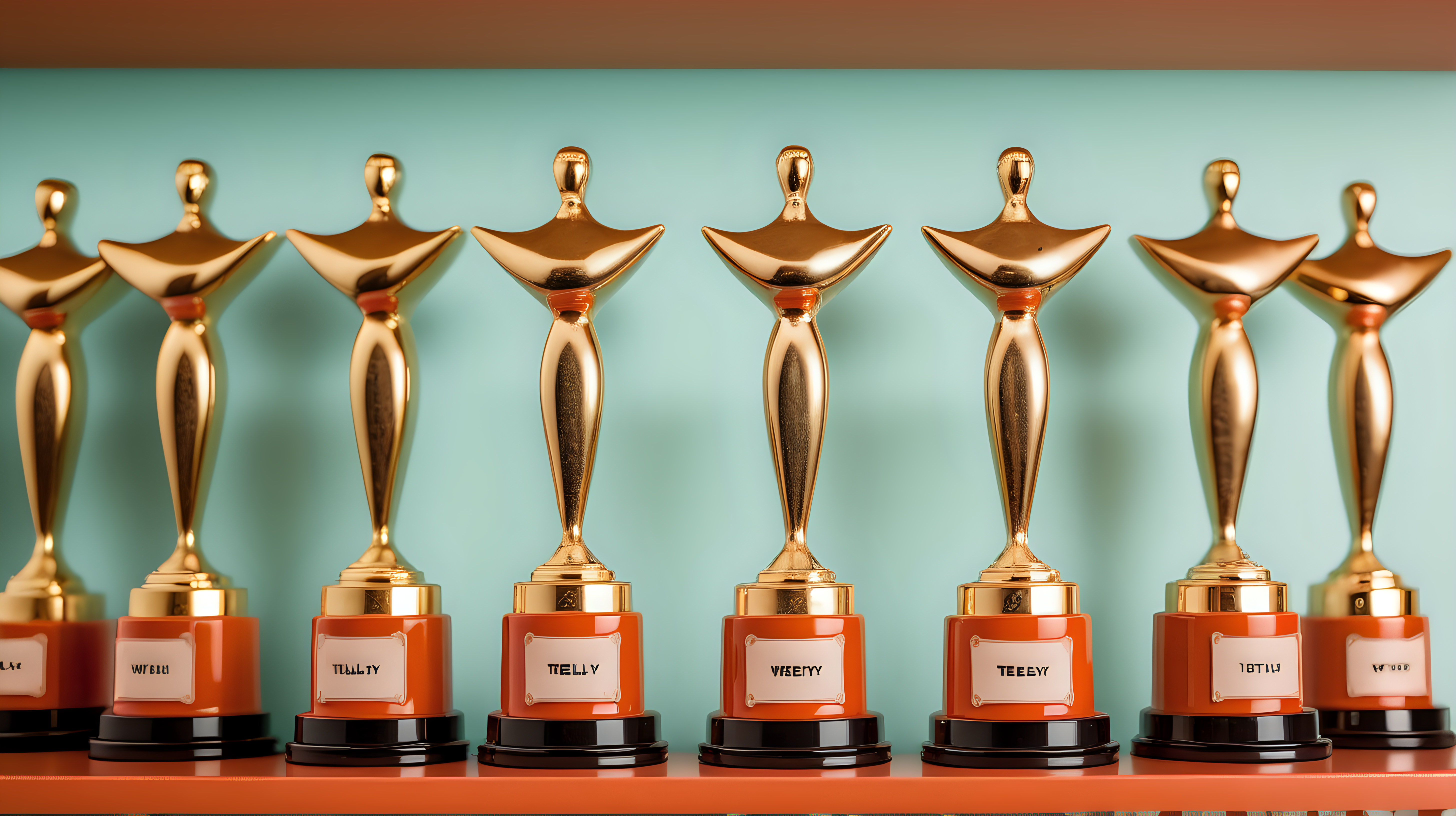 close up, high quality photograph of a6 telly awards on a shelf in the style of a wes anderson movie
