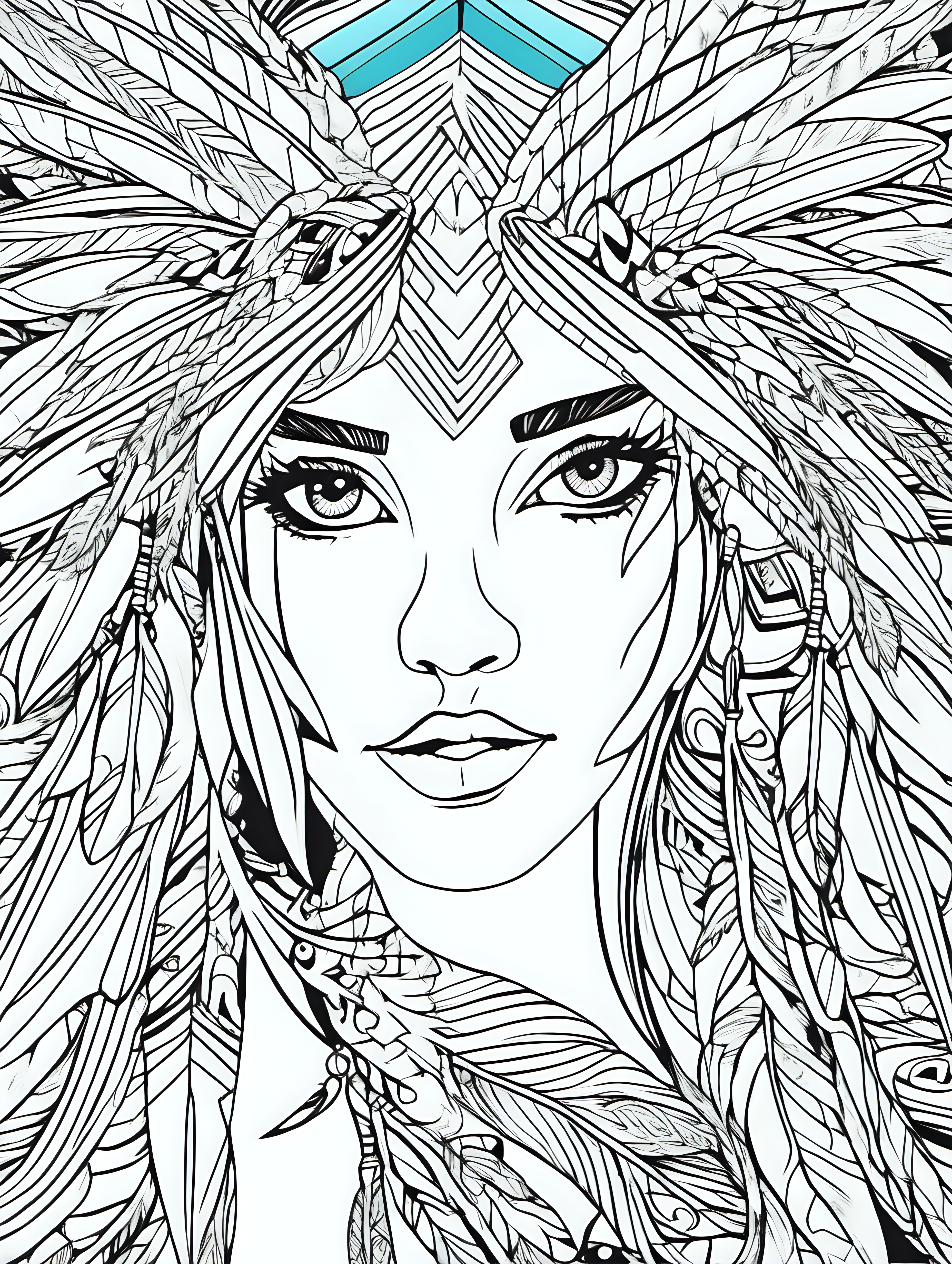 girl with feathers in hair, coloring page, vivid colors, geometrical abstract background