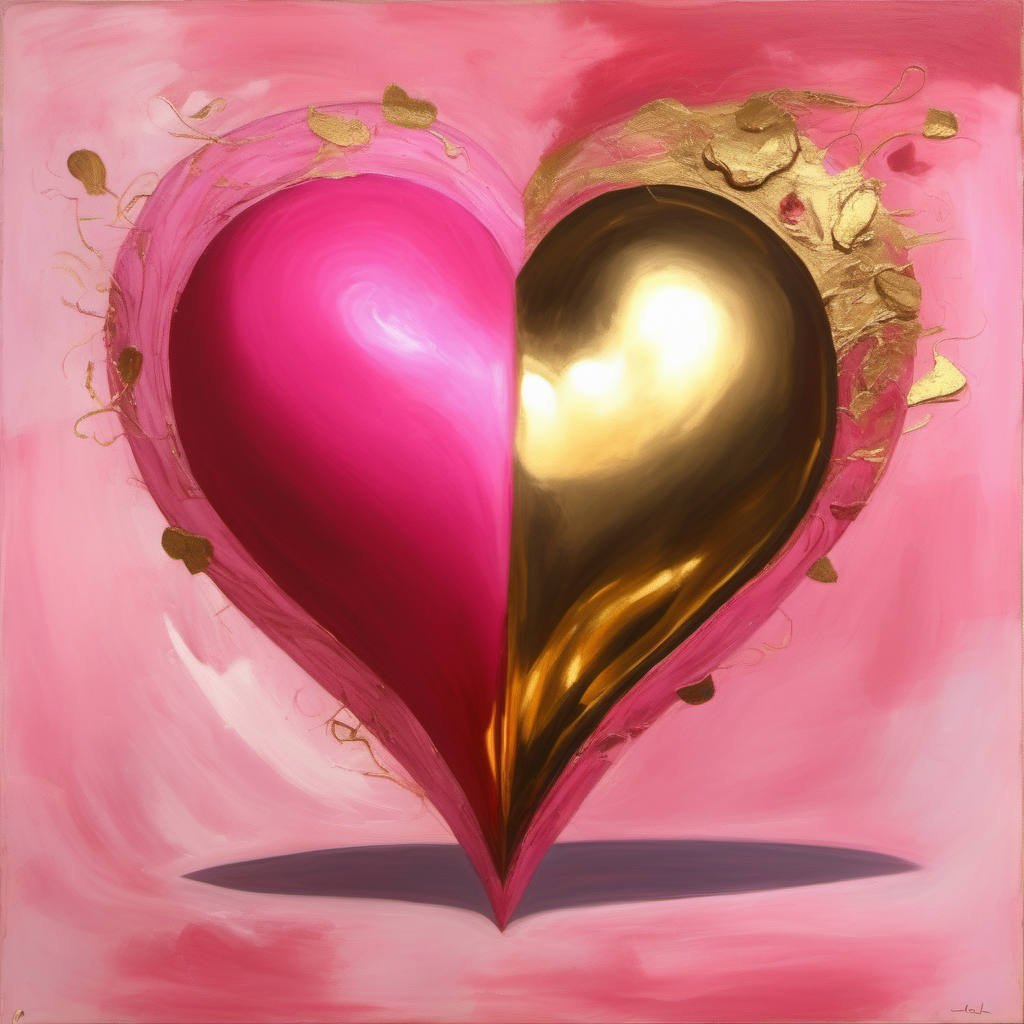 Create a heart central to the composition, made with any version, or combinations of pink and red. The color palette of the piece should include gold, possibly gold leaf, earth colors, and some cool colors to make the warm colors in the heart stand out. Create this painting in the style of Salvador Dali.