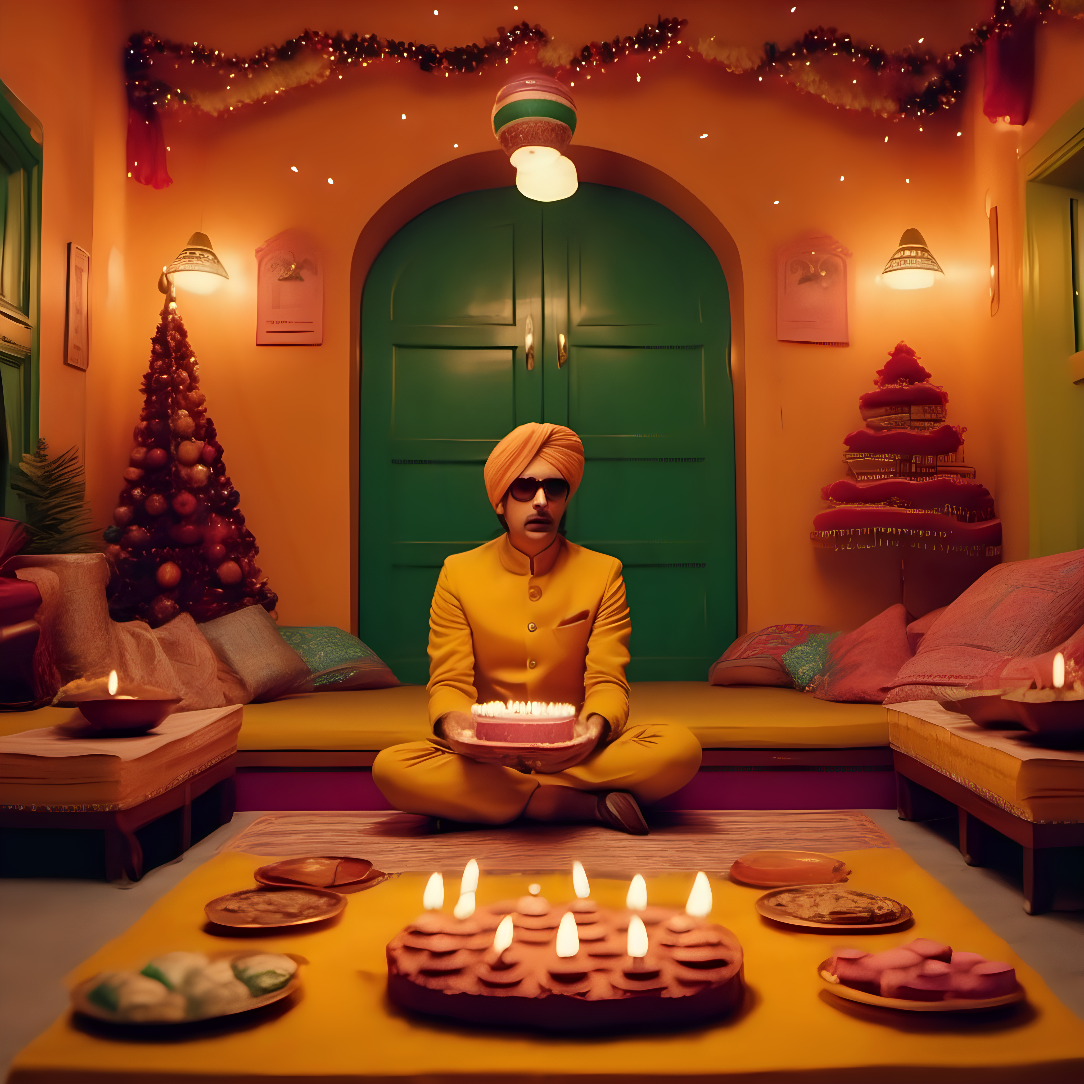 Anticipation of the upcoming festival season with Diwali, Christmas and birthdays full of celebration, Wes Anderson cinematic setting