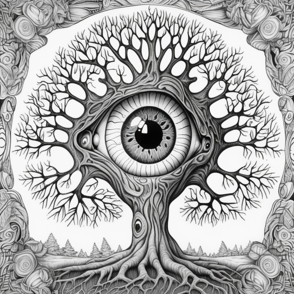 adult coloring book, black & white, clear lines, detailed, symmetrical sick rotting eyeball tree