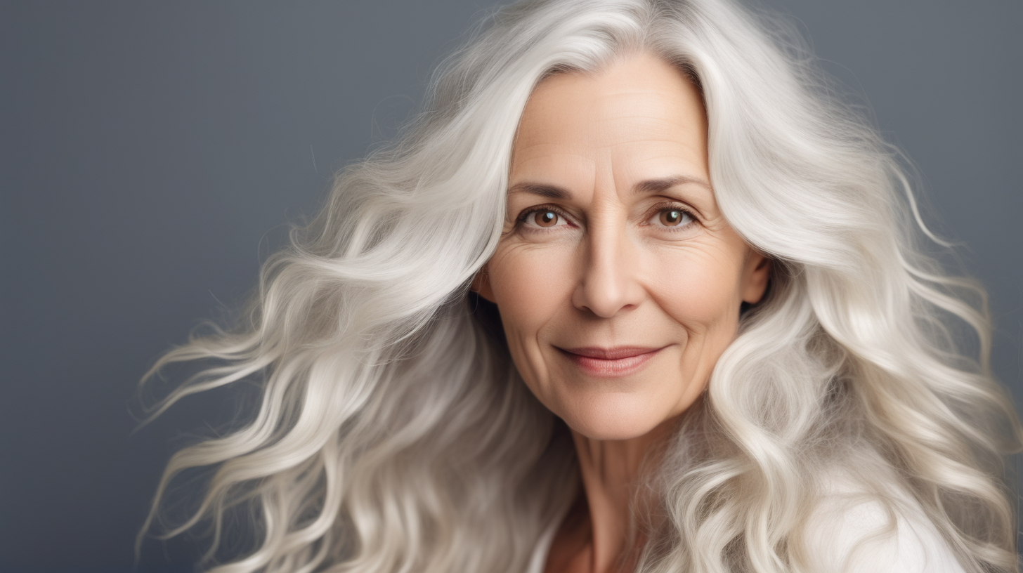 confident 45 years old woman with white wavy long hair