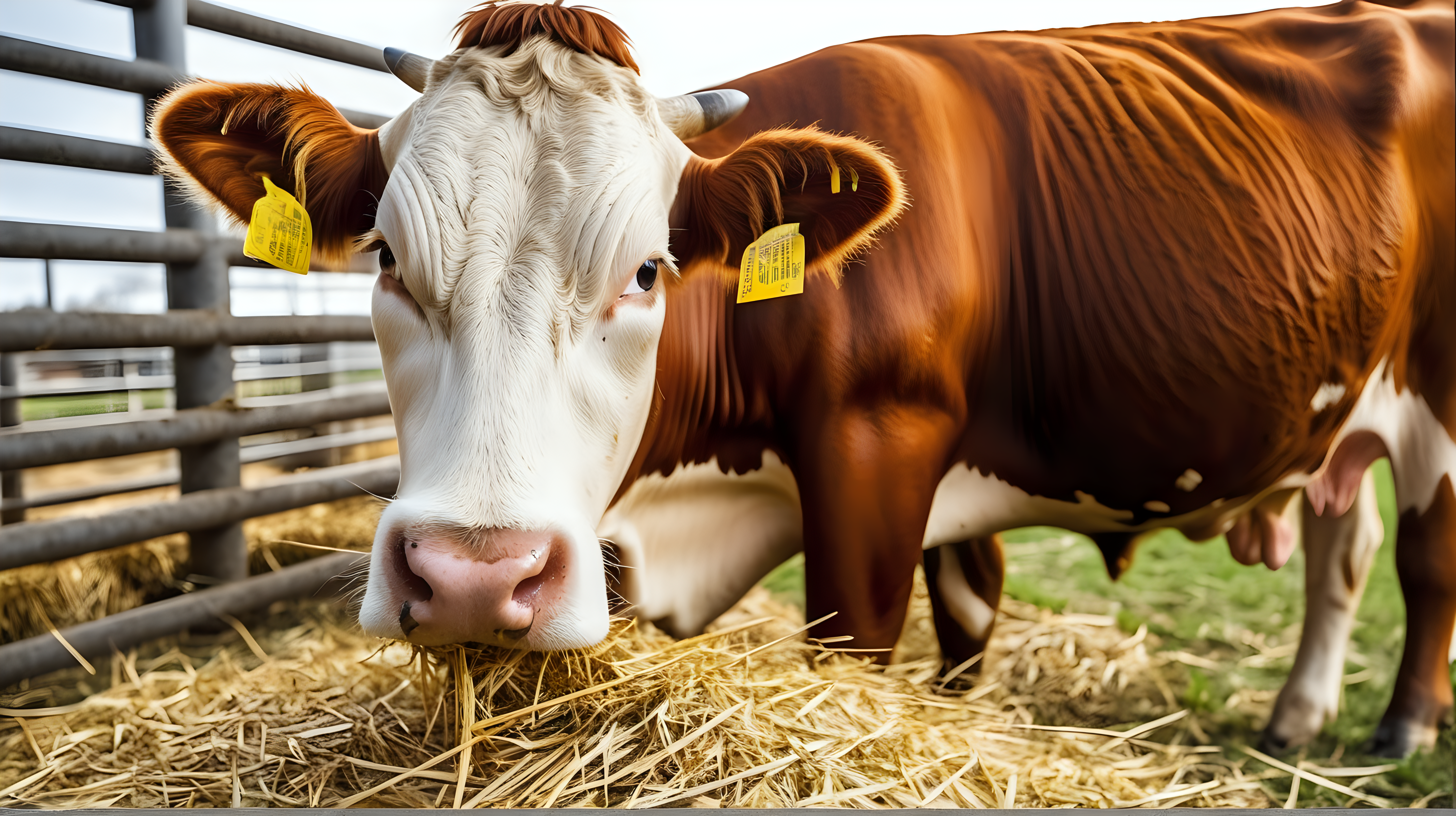 Cow eating hay at cattle farm