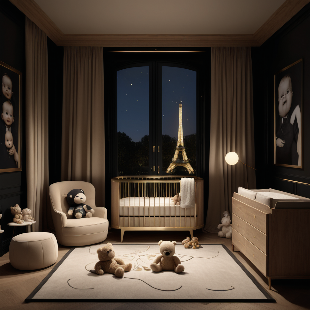a hyperrealistic of a grand modern Parisian etstae home Nursery at night with mood lighting,  floor to ceiling windows, closed curtains, artwork in a beige oak and brass and black colour palette
