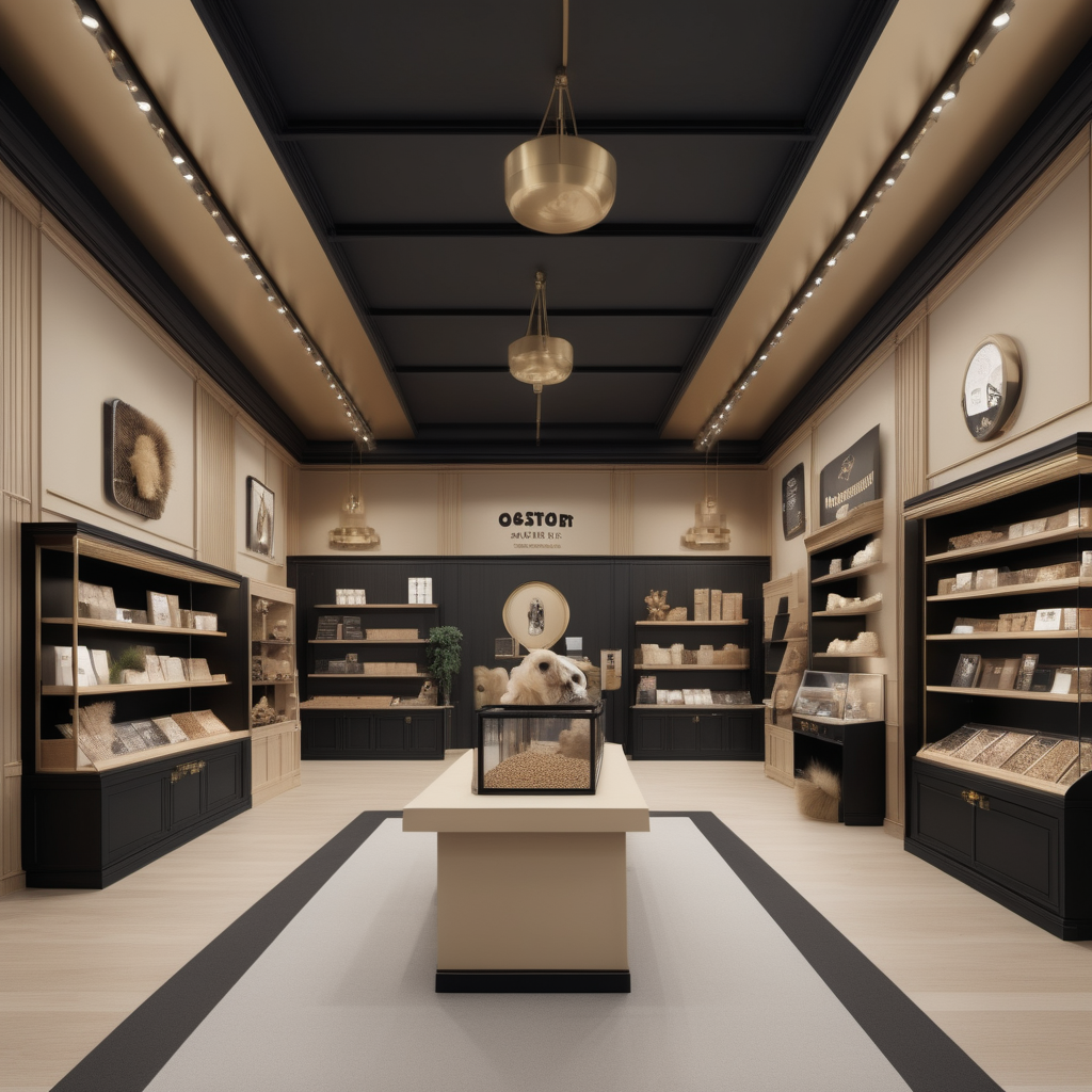 hyperrealistic image of an elegant pet store interior in a beige, oak, brass and black colour palette