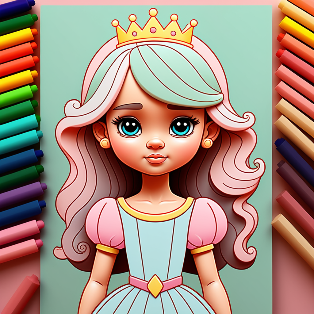 create cartoon style, little princess  with thick lines, colouring book pastel colours
