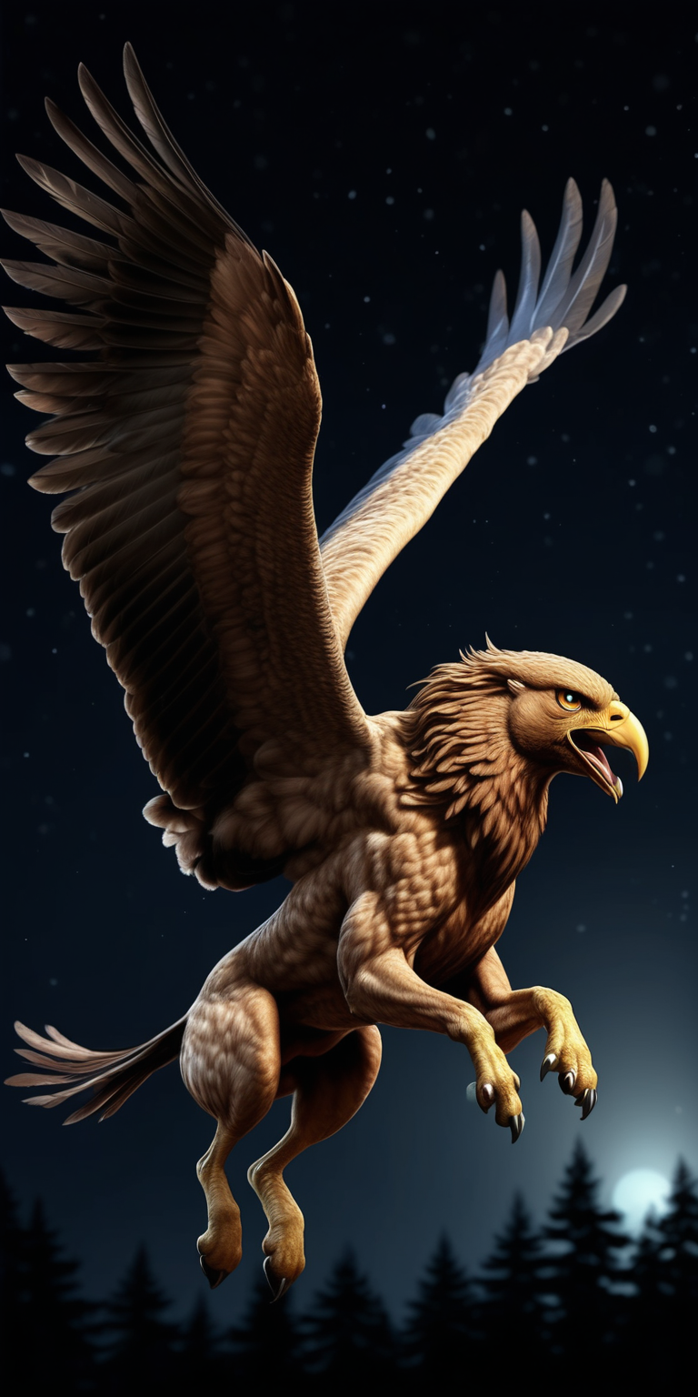 Realistic aggressive griffin flying at night